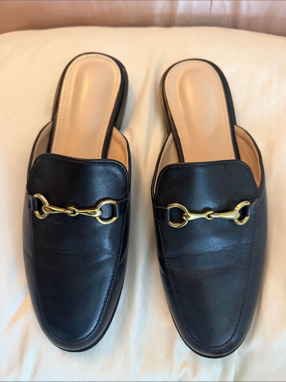 Black Leather Slip-On Women's Mules with Gold Bit Accent